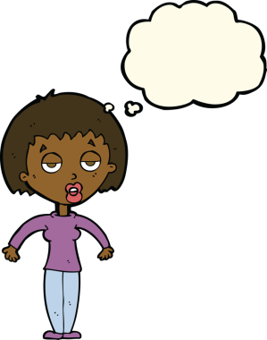 Bir insan tarafından çizilmiş düşünce baloncuğuyla omuz silken çizgi film kadını.