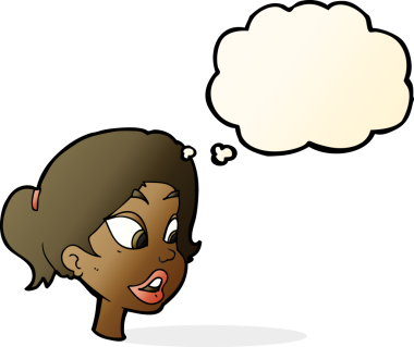 Bir insan tarafından çizilmiş düşünce baloncuğu olan çizgi film dostu kadın.