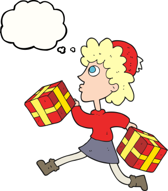 Serbest çizilmiş düşünce balonu çizgi filmi koşu kadını bir insan tarafından çizilmiş hediyelerle