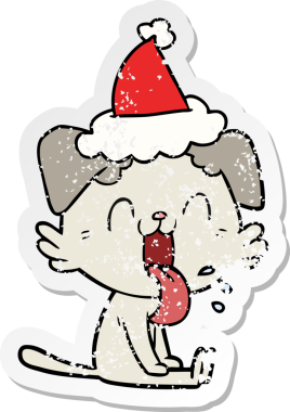 Bir insan tarafından çizilmiş, nefes nefese kalmış, Noel Baba şapkası takan bir köpek.