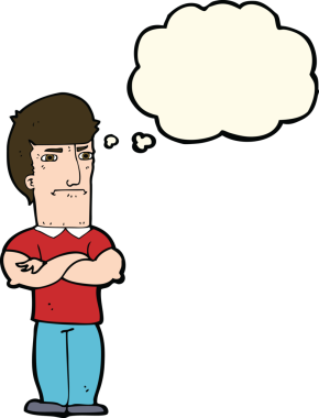 Bir insan tarafından çizilmiş düşünce baloncuğuyla kollarını kavuşturmuş, rahatsız bir adam.