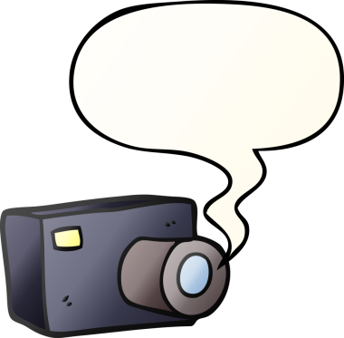 bir insan tarafından çizilmiş, konuşma baloncuklu çizgi film kamerası.