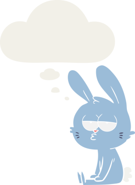 Bir insan tarafından çizilmiş düşünce baloncuklu sevimli çizgi film tavşanı.