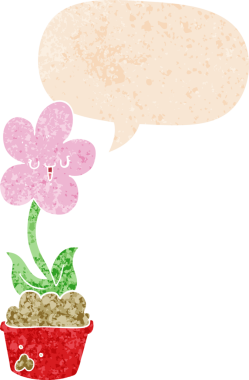 Bir insan tarafından çizilmiş grunge dertli retro biçimli konuşma baloncuğu ile sevimli karikatür çiçek