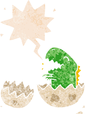 Bir insan tarafından çizilmiş, grunge 'da konuşma baloncuğu olan karikatür dinozor yumurtadan çıkıyor.