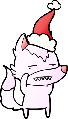 Bir insan tarafından çizilmiş Noel Baba şapkası giymiş bir kurdun el çizimi karikatürü.