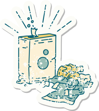 Dövme stili eski bir çıkartma deterjan ve bir insan tarafından çizilmiş elbise yığını.