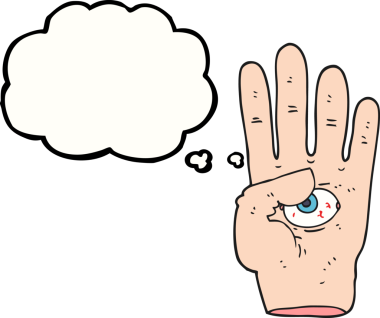 Serbest çizim düşünce balonu karikatürü. Bir insan tarafından çizilmiş göz küresi olan ürkütücü el.