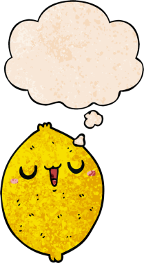 Düşünce baloncuklu mutlu limon çizgi filmi. Bir insan tarafından çizilmiş grunge desen tarzı.