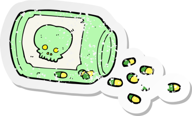 Bir insan tarafından çizilmiş tehlikeli hapların gerilimli retro yapıştırması.