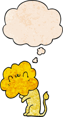 Bir insan tarafından çizilmiş grunge desenli düşünce baloncuklu çizgi film aslanı.