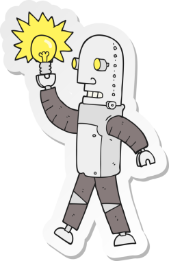 Bir insan tarafından çizilmiş ampullü çizgi film robotunun çıkartması.