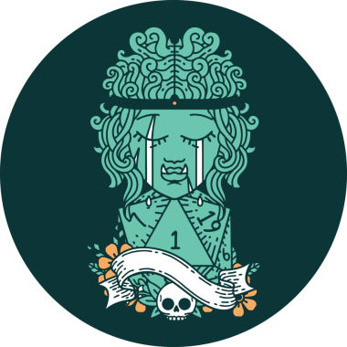 Ağlayan Ork barbar karakter yüzü ikonu. Bir insan tarafından çizilmiş doğal bir D20 rulo.