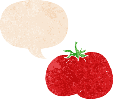 grunge 'da konuşma baloncuğu olan çizgi film domatesleri bir insan tarafından çizilmiş sıkıntılı retro dokuma tarzı