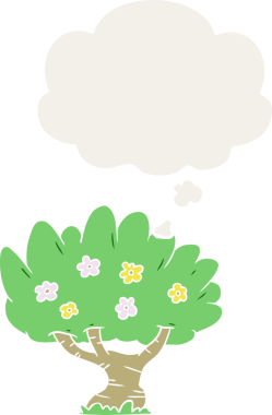 Düşünce baloncuğu olan çizgi film ağacı insan tarafından çizilmiş.