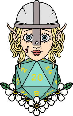 Retro Tattoo stili elf dövüşçüsü. Bir insan tarafından çizilmiş 20 zar ile.