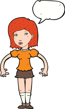 Bir insan tarafından çizilmiş konuşma baloncuğuyla yan bakan çizgi film kadını.