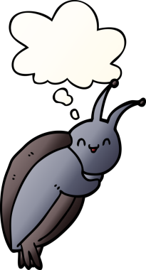 Bir insan tarafından çizilmiş yumuşak eğimli düşünce baloncuklu sevimli çizgi film böceği.