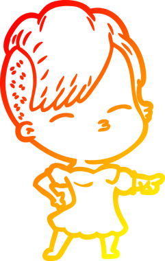 Bir çizgi film karakteri, bir insan tarafından çizilmiş gözlerini kısarak bakan bir kızın sıcak çizgi çizimi.