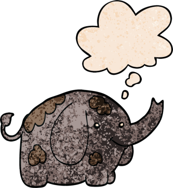Bir insan tarafından çizilmiş grunge desenli düşünce baloncuklu çizgi film fili.