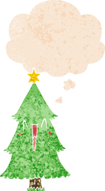 Düşünce baloncuğu olan karikatür noel ağacı grunge sıkıntılı retro dokuma tarzı bir insan tarafından çizilmiş