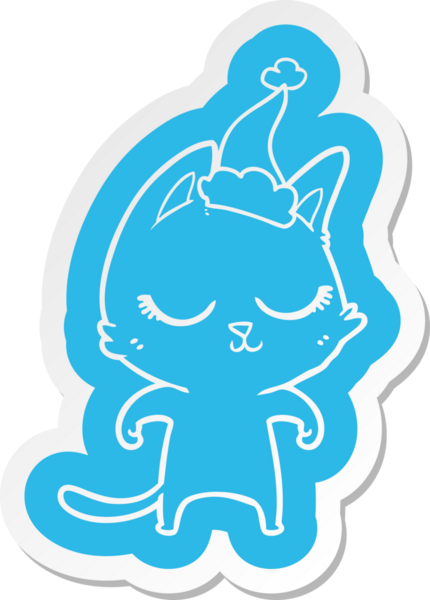 Bir insan tarafından çizilmiş Noel Baba şapkası takan bir kedinin garip çizgi film çıkartması.