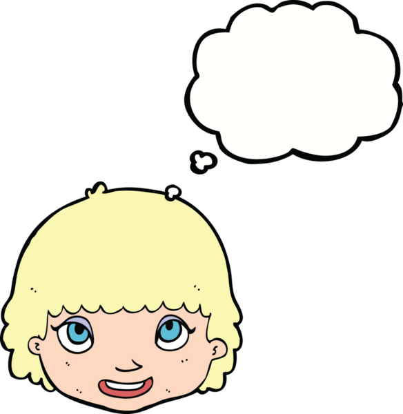 Bir insan tarafından çizilmiş düşünce baloncuklu mutlu kadın yüzü.