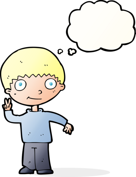 Çizgi filmci çocuk bir insan tarafından çizilmiş düşünce balonuyla barış işareti yapıyor.