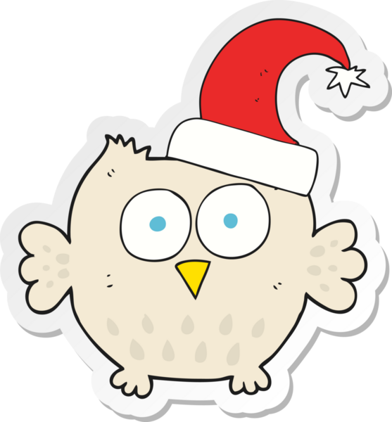 Bir insan tarafından çizilmiş Noel şapkası giyen küçük bir baykuşun çıkartması.