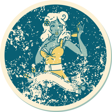 İkonik sıkıntılı dövme stili, afişi bir insan tarafından çizilmiş afiş ile şaşırtılmış bir kızın resmi.