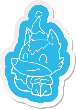 Bir insan tarafından çizilmiş Noel Baba şapkası takan bir kurdun dostça bir çizgi film çıkartması.