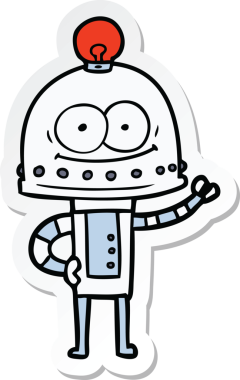 Bir insan tarafından çizilmiş mutlu bir karton robotun çıkartması.