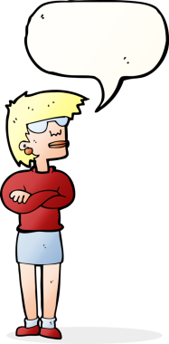 Bir insan tarafından çizilmiş konuşma baloncuğuyla rahatsız bir kadın.