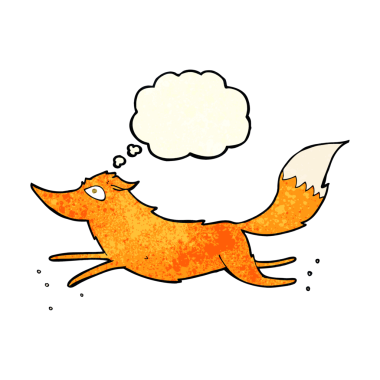 Bir insan tarafından çizilmiş düşünce baloncuğuyla koşan tilki çizgi filmi