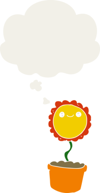 Düşünce baloncuğu olan karikatür çiçeği insan tarafından çizilmiş.