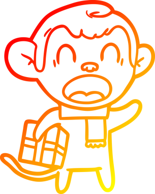 Bir insan tarafından çizilmiş Noel hediyesini taşıyan bağıran çizgi film maymunu çizimi