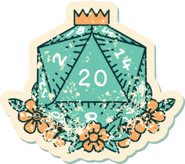 Bir insan tarafından çizilmiş çiçek elementleriyle 20 D20 zarının grunge sticker 'ı.