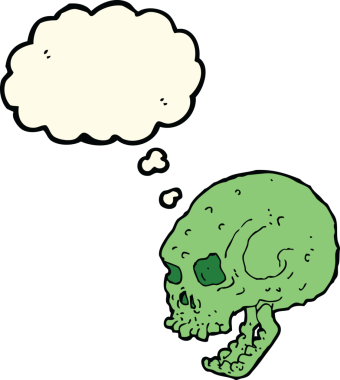 Bir insan tarafından çizilmiş düşünce baloncuklu garip kafatası.