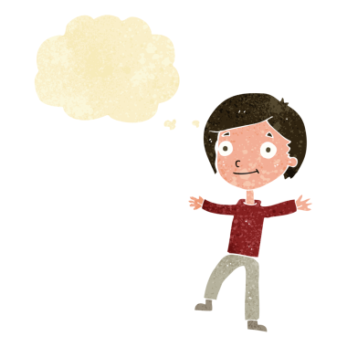 Bir insan tarafından çizilmiş düşünce baloncuğu olan heyecanlı çocuk.