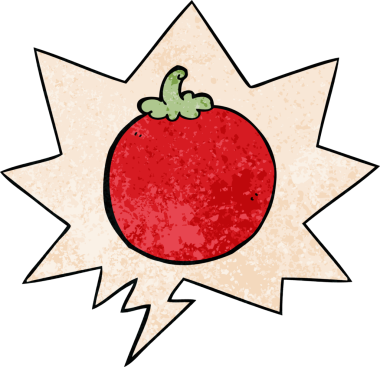 bir insan tarafından çizilmiş eski dokuma tarzında konuşma baloncuklu domates.