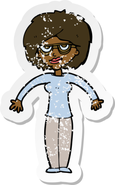 Bir insan tarafından çizilmiş omuzlarını silken karikatürlü bir kadının gerilmiş çıkartması.