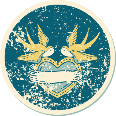 Kederli sembolik dövme stili kırlangıçlar ve bir insan tarafından çizilmiş sancaklı kalp.