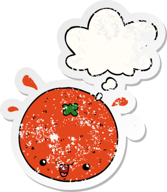 Düşünce baloncuğu olan turuncu çizgi film, insan tarafından çizilmiş yıpranmış bir çıkartma.