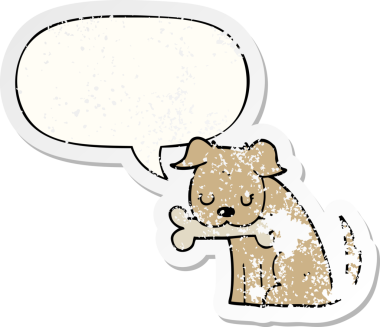 Konuşma baloncuğu olan çizgi film köpeği bir insan tarafından çizilmiş sıkıntılı eski bir çıkartma