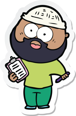 Bir insan tarafından çizilmiş not panosu ve kalemi olan sakallı bir adamın çıkartması.