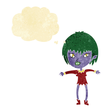 Bir insan tarafından çizilmiş düşünce balonlu vampir kız.