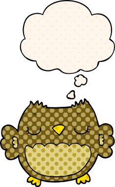 Bir insan tarafından çizilmiş çizgi roman tarzında düşünce baloncuğu olan sevimli bir baykuş.