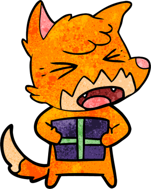 Bir insan tarafından çizilmiş Noel hediyeli kızgın çizgi film tilkisi.