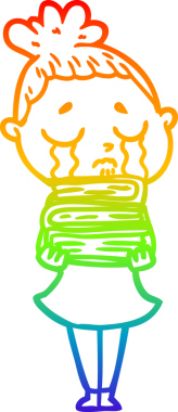 Gökkuşağı gradyan çizgi çizimi bir insan tarafından çizilmiş kitap yığınıyla ağlayan bir kadının çizimi