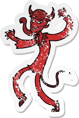 Bir insan tarafından çizilmiş dans eden bir karikatür şeytanının sıkıntılı çıkartması.